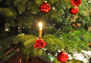 Weihnachtsbaum mit Bienenwachskerzen und roten Kugeln